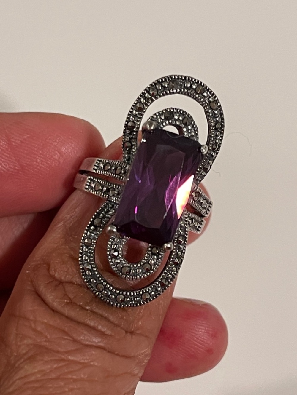 Sterling Silver Purple Amethyst Stone Marcasite Statement Ring Sz. 8.5-9